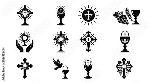 Photos Black and white religious symbols including crosses chalices and grapes for corp