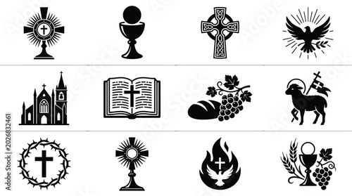 Photography Black and white religious symbols arranged in a grid featuring crosses chalices