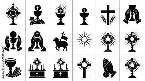 Bild auf Leinwand Set of religious icons for corpus christi celebration featuring crosses chalices