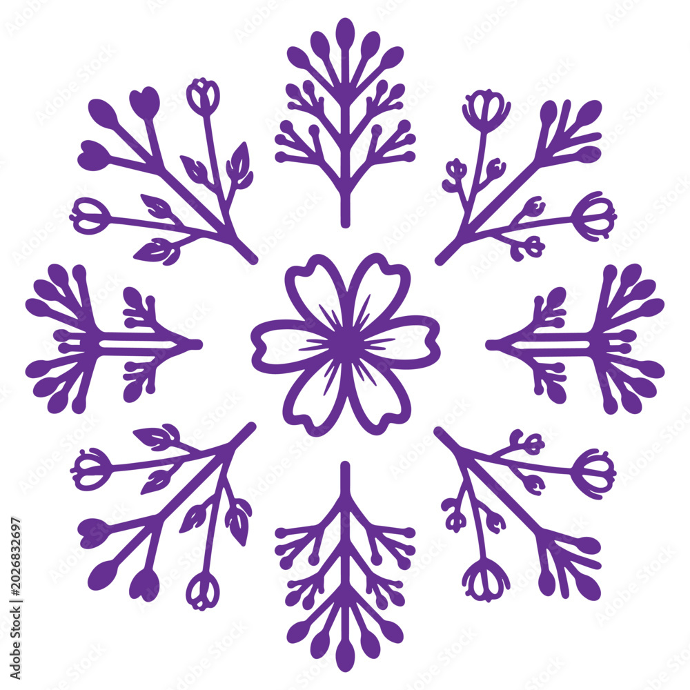 Fototapeta premium Purple floral design with intricate branches and blossoms decorative art illustration