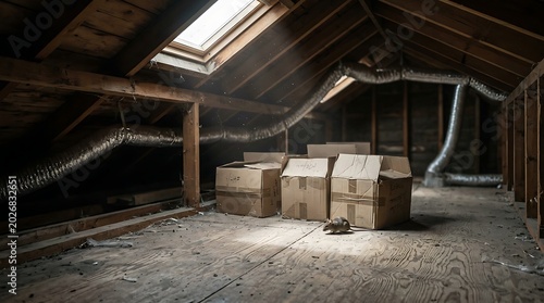 Dark unfinished wooden attic with cardboard boxes and ventilation ducts under a skylight window