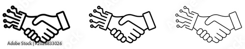 Set of human and robot handshake icons with different line weights. Line art concept of partnership with artificial intelligence and technology. Vector illustration.