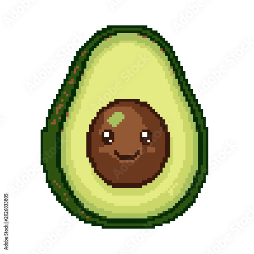 A smiling pixelated avocado cut in half showing its pit from a front view