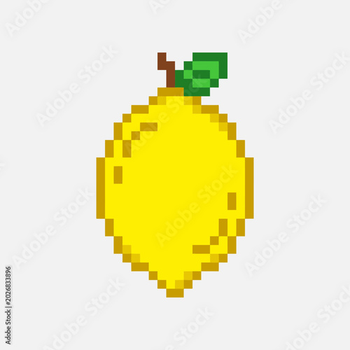 A pixel art illustration of a lemon with leaf on stem