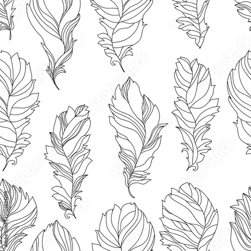 Ornamental Feathers. Seamless background for fabrics, textiles, packaging and wallpapers. Vector background.