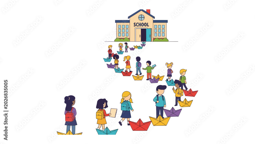 Naklejka premium The Journey to Knowledge: Children embark on their educational journey, sailing on paper boats along a winding path towards a bright school building, symbolizing the start of learning and growth.
