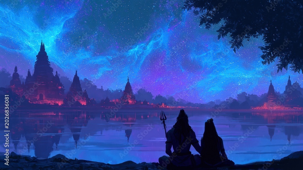Obraz premium Silhouettes of couple holding trident sitting by calm water under vibrant night sky with glowing stars near ancient temple landscape