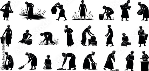 Photos Set of traditional village women silhouettes performing daily rural chores farmi