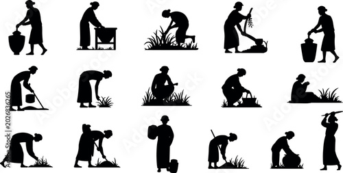 Fotografie Set of traditional village women silhouettes performing daily rural chores farmi