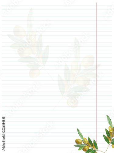 A vector background of lined paper with a realistic olive branch