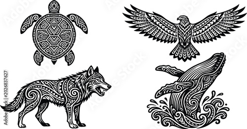 Tableau sur toile Tribal Animal Silhouette Vector Pack Featuring Sea Turtle, Flying Eagle, Growlin
