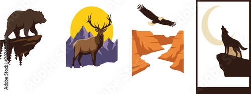 Photography Wild Animals Vector Illustration Set with Silhouette Bear, Deer in Mountains, Fl