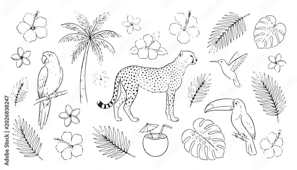 Fototapeta premium Tropical illustration featuring cheetah, birds, plants, and flowers in a natural style