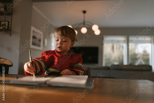 Boy painting with brush while sitting at table in home