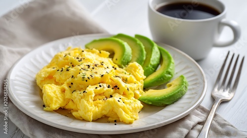 Keto breakfast scrambled egg avocado slices black coffee simple plate bright airy kitchen low carb diet lifestyle minimal style