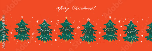 Schilderij op canvas Tacky Christmas Trees seamless pattern, hand drawn with decoration like tinsel,