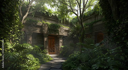 Ancient stone temple ruins overgrown with tropical jungle plants and lush greenery in a hidden courtyard with a stone pathway leading to a doorway