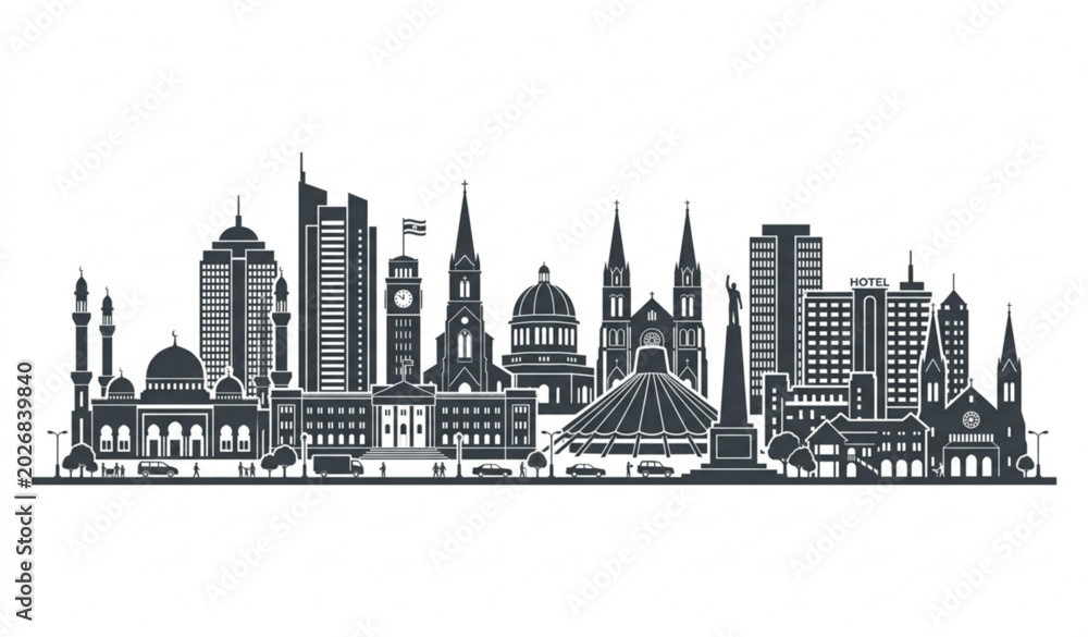 Fototapeta premium Minimal Kampala Skyline Silhouette Vector Featuring Famous Uganda City Architecture