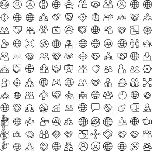 A collection of diverse business and network icons arranged in a grid, featuring symbols of connection, collaboration, and global reach.