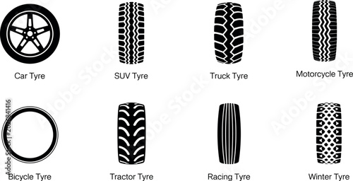 Automotive tire tread vector icon set including car suv truck motorcycle bicycle tractor racing and winter tyre patterns for transport maintenance