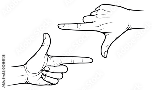 Line art illustration of hands depicting a framing gesture for creative vision