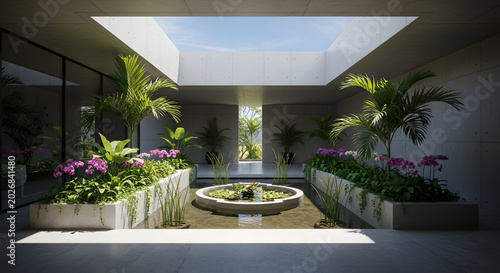 Modern minimalist courtyard with a central water feature, lush tropical plants, and purple orchids under a square skylight in a concrete building