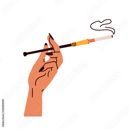 Elegant cigarette holder in female hand. Woman smoker fingers holding tobacco...