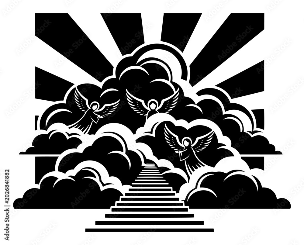 Fototapeta premium Stairway to heaven with angels and divine sunrays among clouds spiritual afterlife illustration