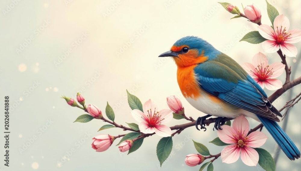 Obraz premium Pair of songbirds nestled amongst blossoms, delicate linework, adorable, spring, romantic