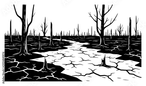 Photos Climate change drought landscape with cracked earth and dead trees environmental