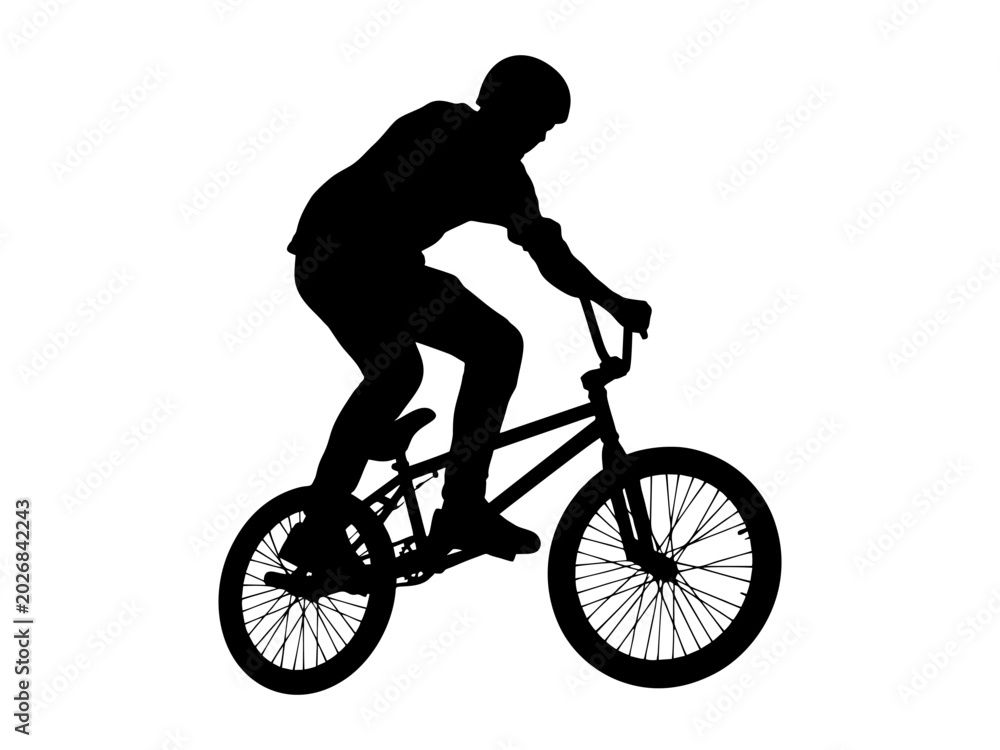 Obraz premium Silhouette of a male rider performing a trick on a BMX bike on white background