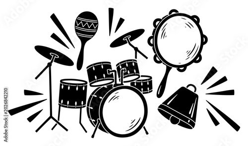 Photography Percussion musical instruments set including drum kit tambourine maracas and cow