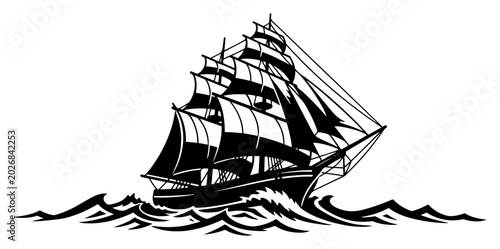 Fotografie Majestic sailing ship galleon on ocean waves vintage nautical vessel illustratio