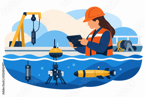 Female marine engineer using tablet to monitor underwater drone