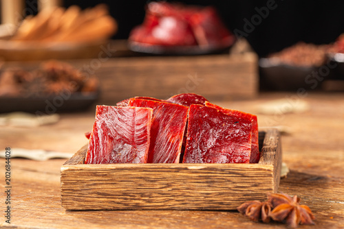 Delicious pork jerky is placed on the wooden，pork jerky, 