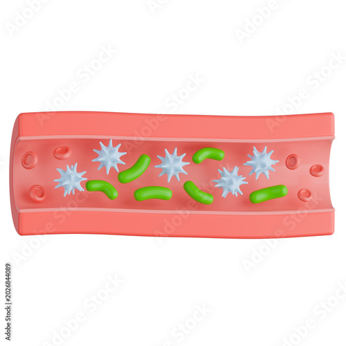 Sepsis 3D Illustration. Pathogenic Bacteria in Bloodstream with White Blood Cells 