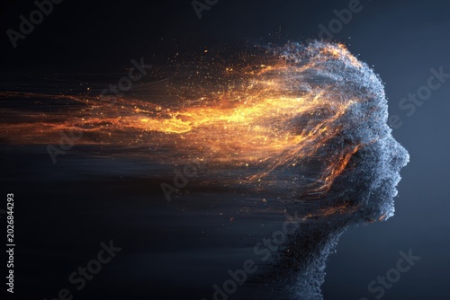 Human head profile dissolving into glowing fire particles representing abstract energy flow.