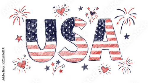 Fotografi USA Patriotic Text Design with American Flag Pattern, Fireworks and Hearts