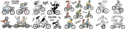 Different people riding bicycle set. Female and male in various positions. Funny simple doodle style. Cyclists in movement. Ride, cycling, bicycle, sport concept. Hand drawn modern Vector illustration