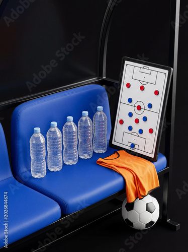 Soccer dugout bench with five water bottles, tactics board, orange bib, and soccer ball on black background.