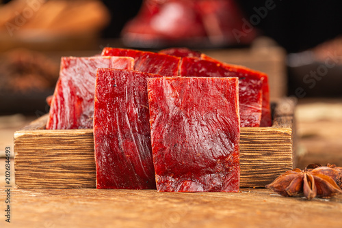 Delicious pork jerky is placed on the wooden，pork jerky, 