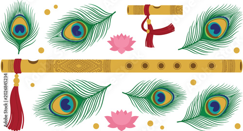 Schilderij op canvas Lord Krishna Bansuri Flute and Peacock Feather Vector Set with Lotus Flowers and
