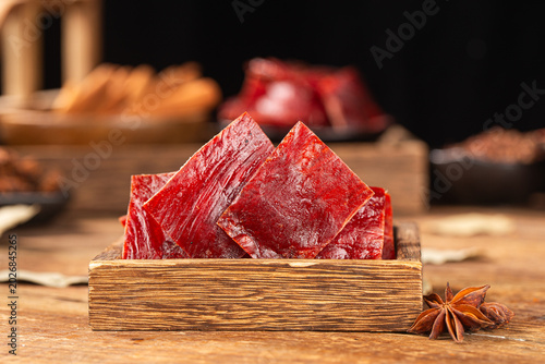 Delicious pork jerky is placed on the wooden，pork jerky, 