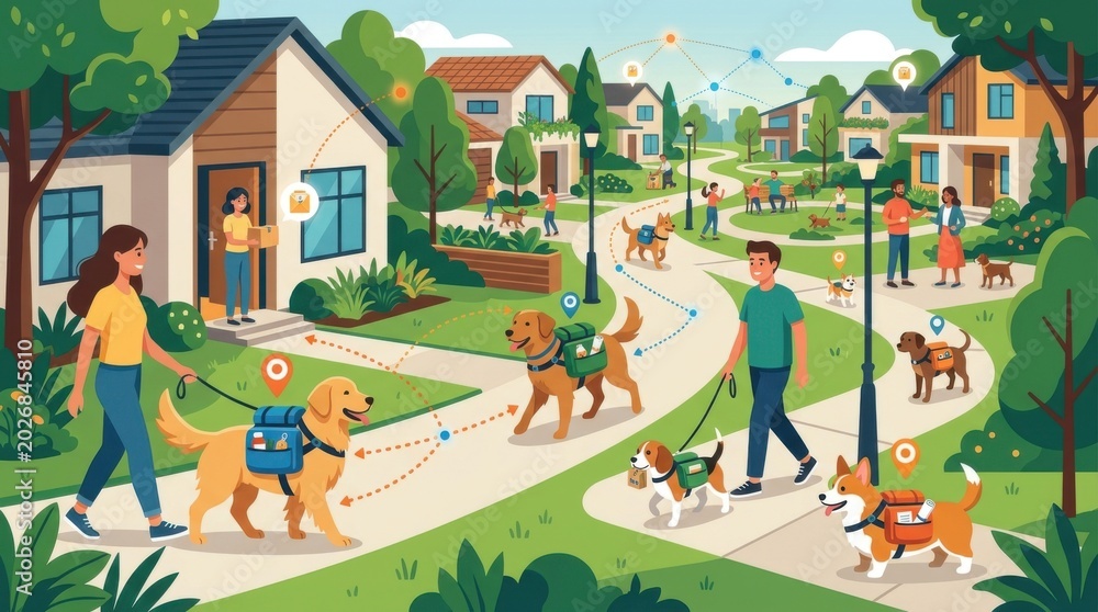 Fototapeta premium Dog Walking Service in a Friendly Neighborhood with Logistics Integration