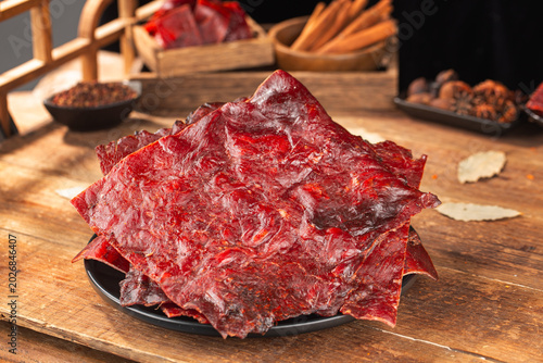 Delicious pork jerky is placed on the wooden，pork jerky, 