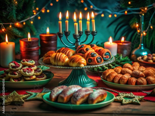 Festive Holiday Table with Pastries and Candles