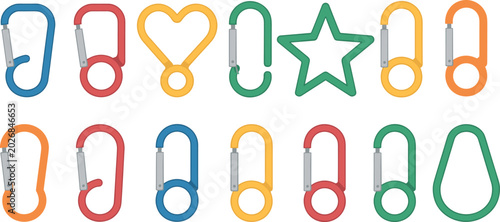 Bild auf Leinwand Colorful carabiner vector icon set featuring climbing hooks heart star shapes an