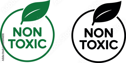 Photos Non toxic label vector set with green leaf icon for eco friendly product packagi