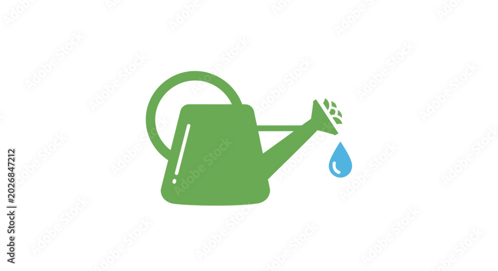 Obraz premium Minimalist graphic of a green watering can with a water droplet illustration on white background