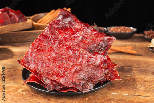 Delicious pork jerky is placed on the wooden，pork jerky, 